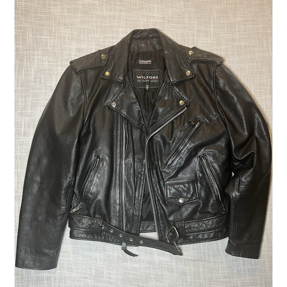 Vintage 90s Wilsons Leather Biker Jacket Black Sz S Thinsulate + Receipt
